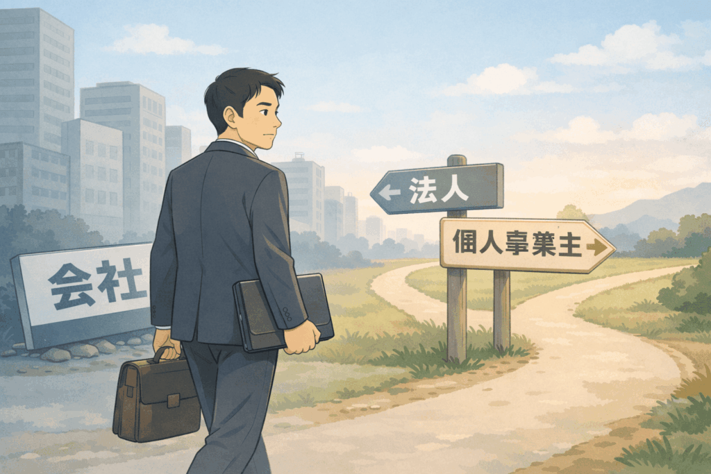 会社の看板を捨てて歩き出す50代男性が、分岐点で『個人事業主』の道を選ぶ瞬間を、ライトブルー・ベージュ・グレー基調のLofi系アニメ調で描いたイラスト