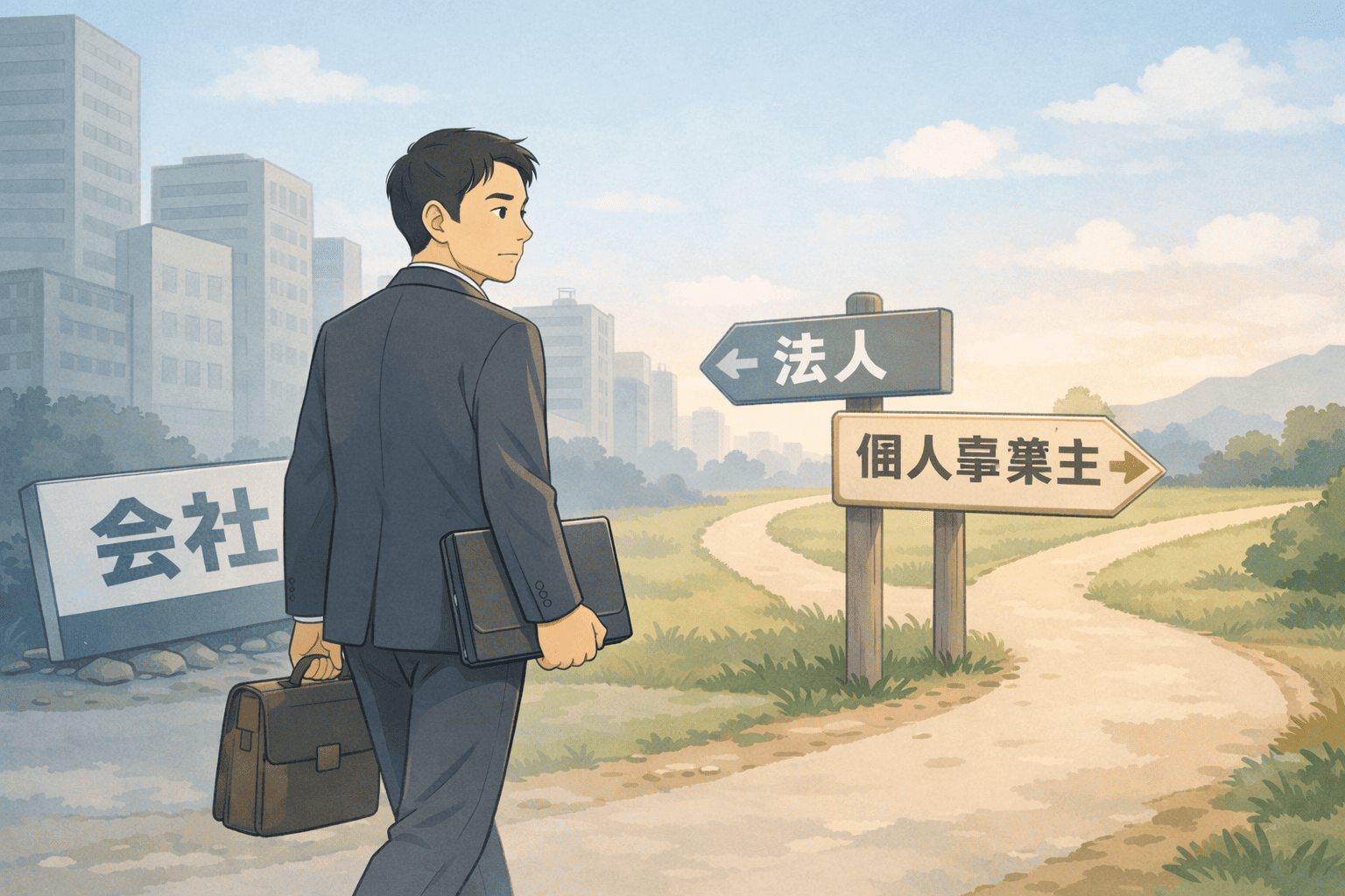 会社の看板を捨てて歩き出す50代男性が、分岐点で『個人事業主』の道を選ぶ瞬間を、ライトブルー・ベージュ・グレー基調のLofi系アニメ調で描いたイラスト