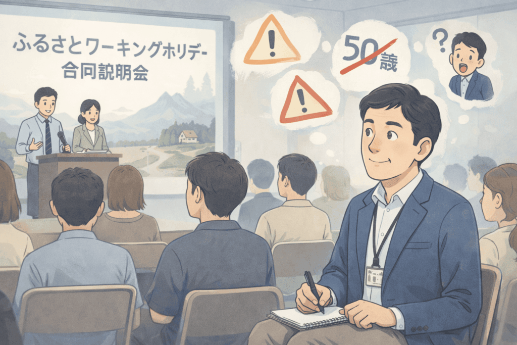 ふるさとワーキングホリデー合同説明会に参加した50代フリーランス男性が、若い参加者に囲まれながら年齢制限の現実を悟る様子を描いた、Lofi系アニメ風の淡い色調イラスト