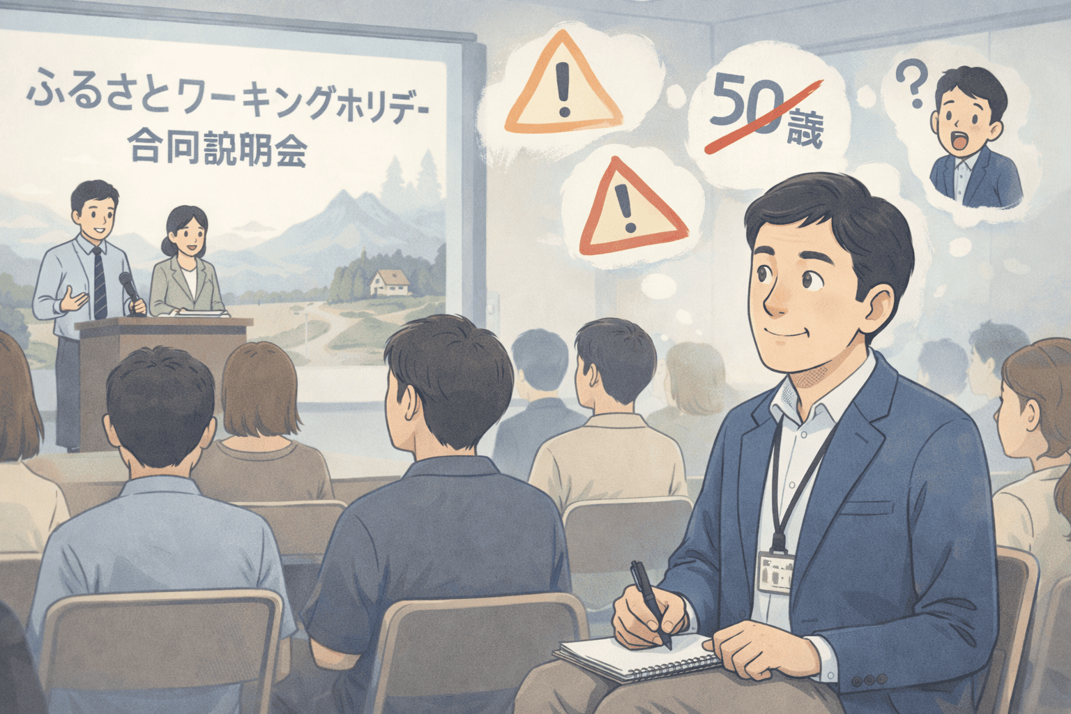 ふるさとワーキングホリデー合同説明会に参加した50代フリーランス男性が、若い参加者に囲まれながら年齢制限の現実を悟る様子を描いた、Lofi系アニメ風の淡い色調イラスト