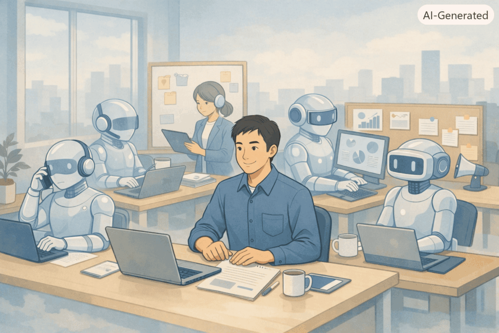 部署別に配置されたAIが静かに作業し、フリーランスがチームのように指揮する様子を描いたLofi系イラスト