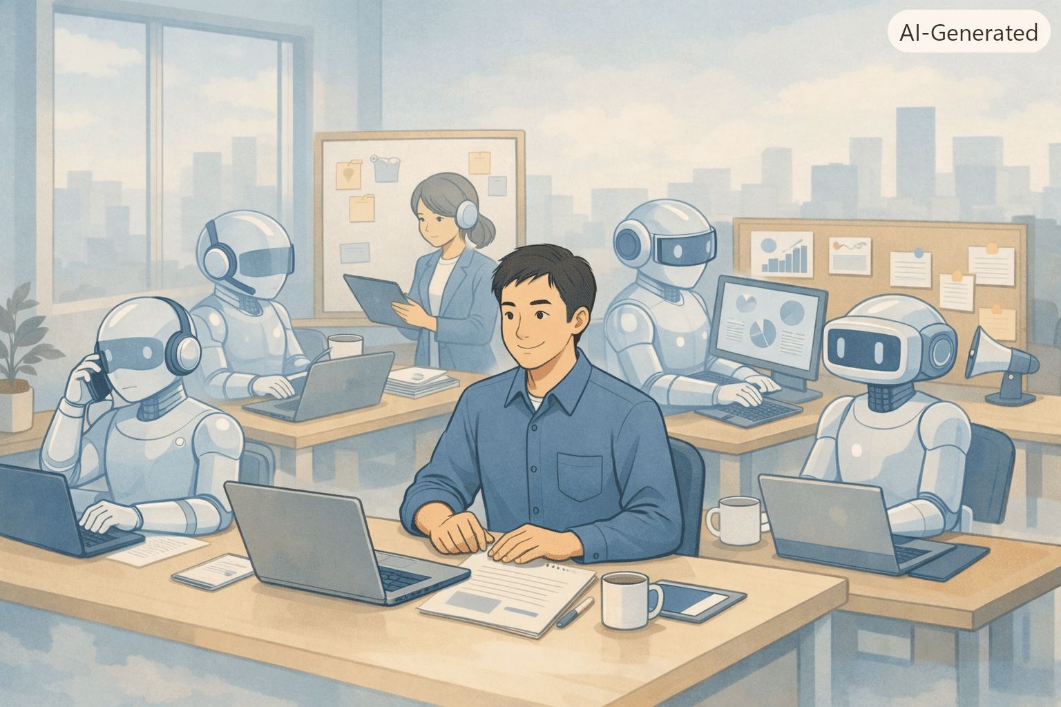 部署別に配置されたAIが静かに作業し、フリーランスがチームのように指揮する様子を描いたLofi系イラスト