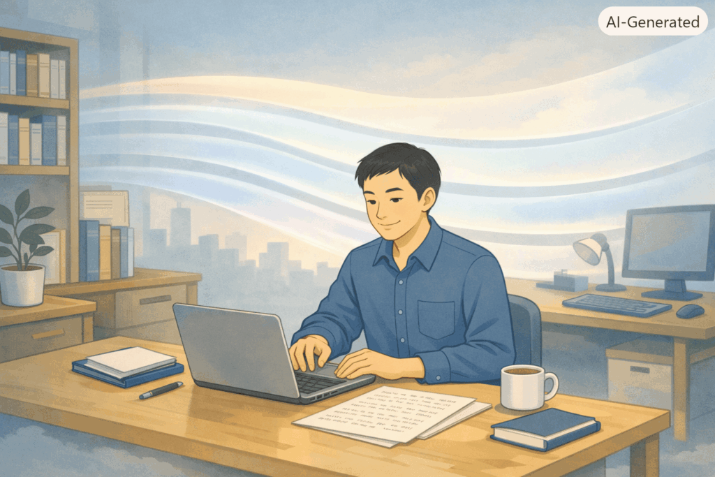 6本の光のレイヤーがAI分業の段階を象徴し、フリーランスが静かに執筆する様子を描いたLofi系イラスト
