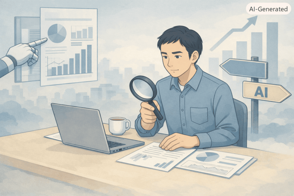 AIの分析レポートを前に、SEO依存からの脱却を模索する50代フリーランスが静かに戦略を練る様子を描いたLofi系イラスト