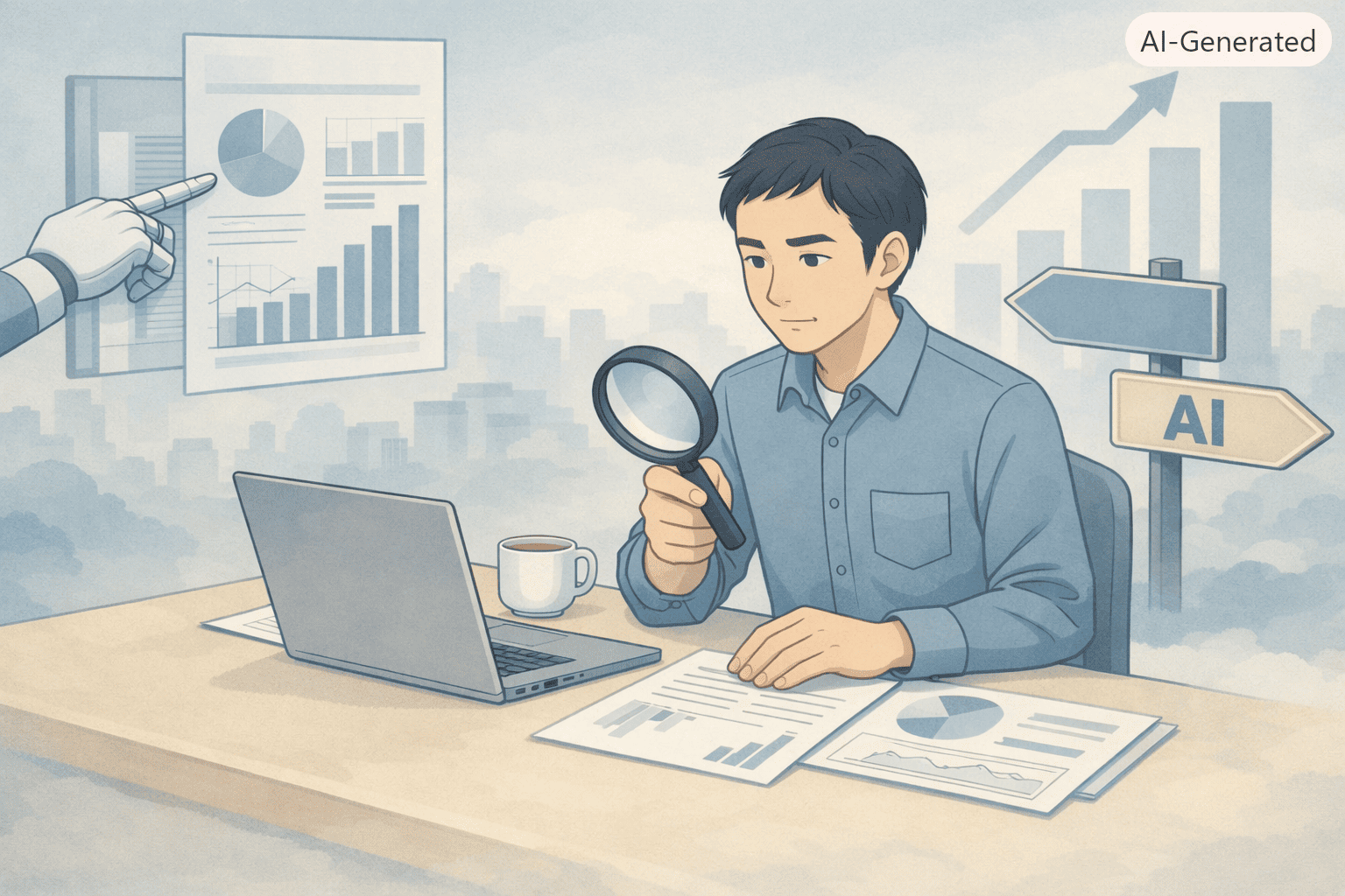 AIの分析レポートを前に、SEO依存からの脱却を模索する50代フリーランスが静かに戦略を練る様子を描いたLofi系イラスト