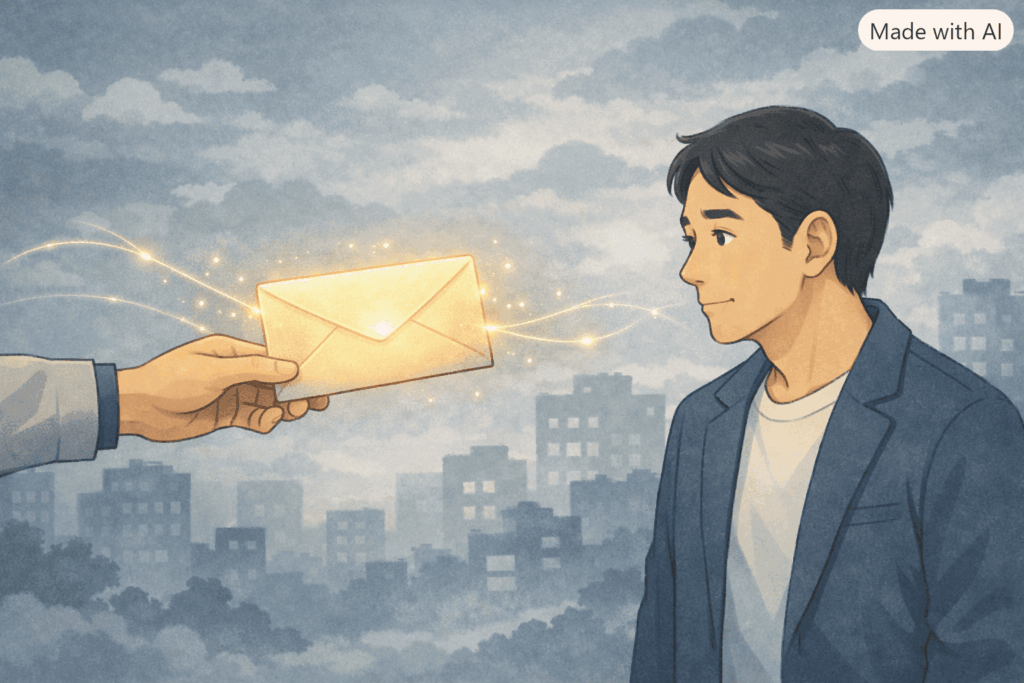 曇り空の下、差し出された光る封筒を見つめる50代フリーランス男性を描いたLofi系イラスト。静かな期待と不安が交差する瞬間を淡い色彩で表現
