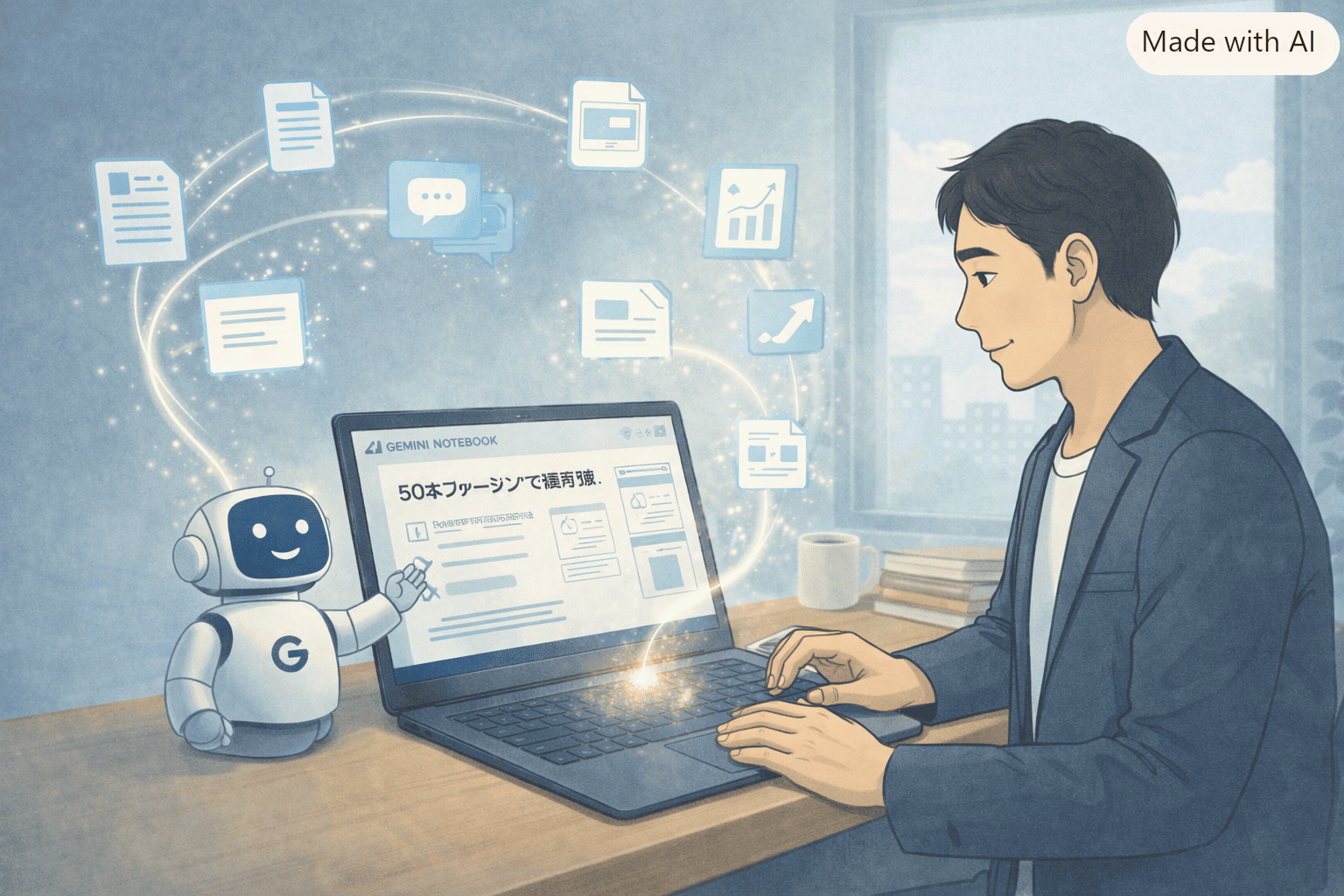 AIノートブックを使い、資料作成を爆速で進める50代フリーランス男性が、光るノート画面を見つめるLofi系イラスト。整理された思考と静かな集中を淡い色彩で表現