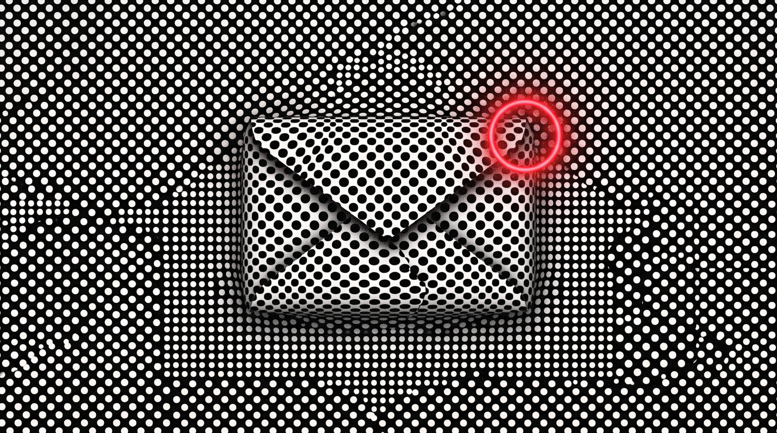 白黒のドットパターンから立体の封筒が浮かび上がり、赤い通知バッジが光るグラフィックアート